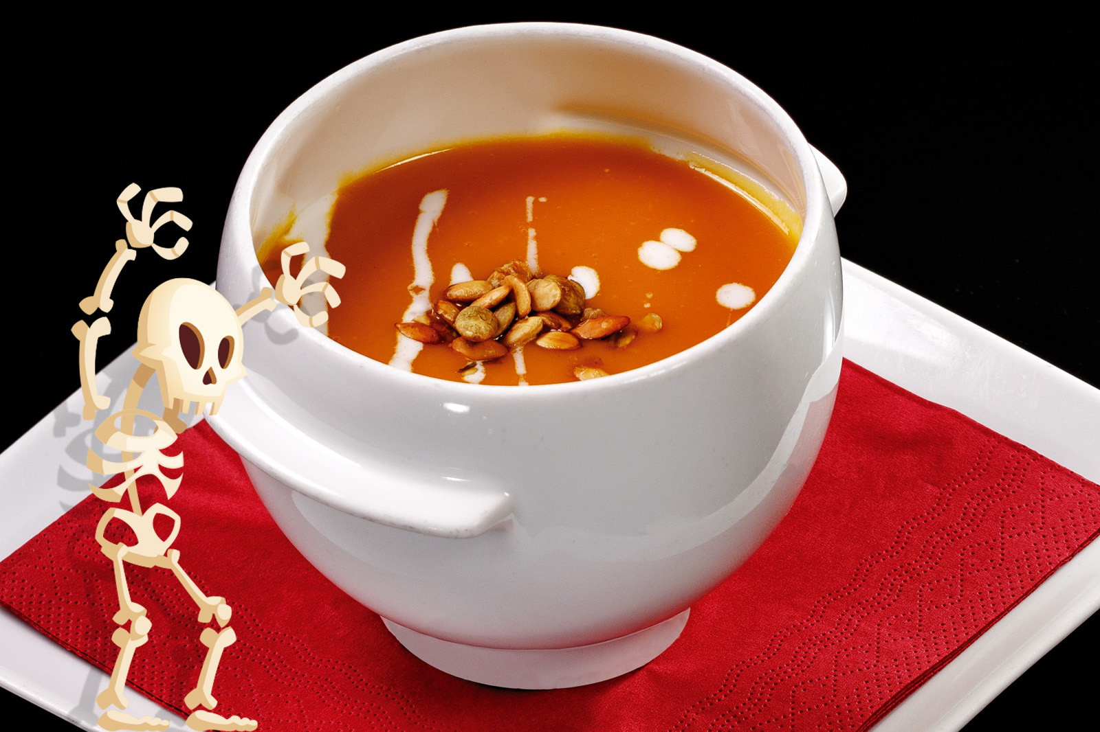 Halloween-i töklé, Sütőtökös, tejszínes krémleves pirított tökmaggal.